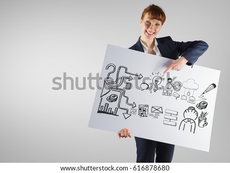 Digital composite of Businesswoman holding card with ideas business graphics drawings