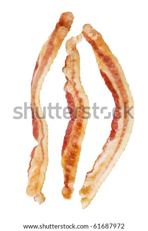 Stock image of three strips of fried bacon over white background