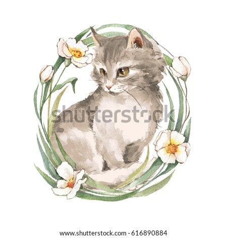 Cat. Cute kitten and flowers. Watercolor painting 