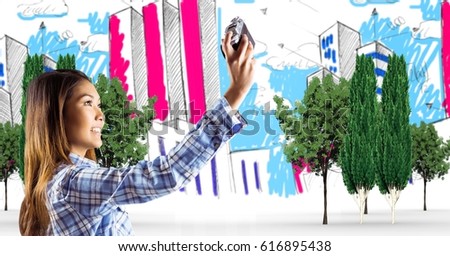 Digital composite of Woman taking selfie over hand drawn city