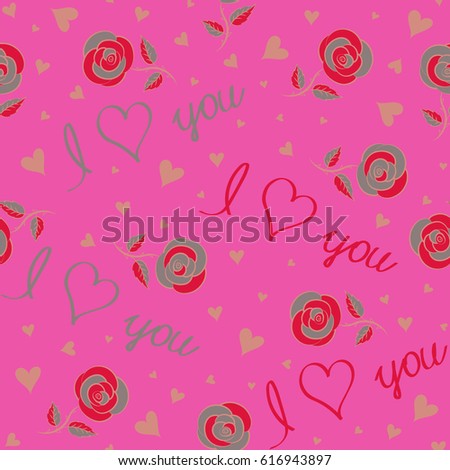 Simple repeating texture with chaotic hearts, rose flower, and text. Stylish hipster texture on a pink background. Cute vector seamless pattern.