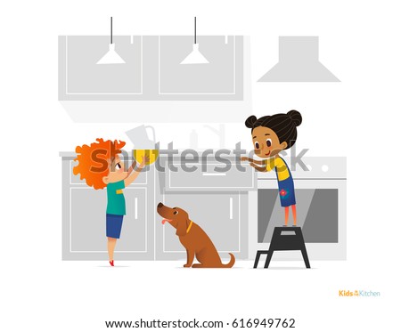 Two kids cooking morning breakfast in kitchen. Girl in apron standing on stool, boy putting pitcher with juice on table and dog. Obedient children concept. Illustration for banner, website.