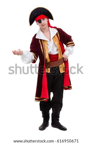 Dancing man wearing a pirate costume, isolated on white in full length.