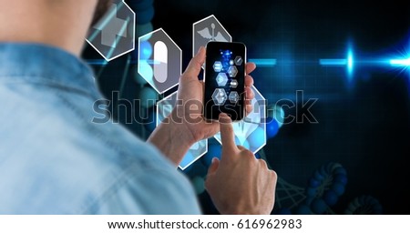 Digital composite of Digital composite image of businessman using smart phone with virtual screen in background