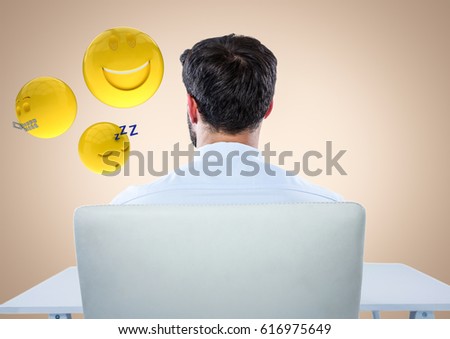 Digital composite of Back of man sitting with emojis against cream background