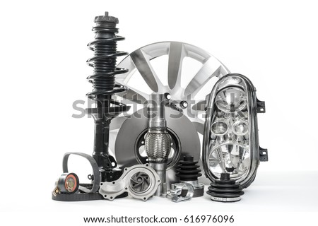 Car parts, Spare parts, Accessories for cars. Vehicle parts such as brake disc, water pump, headlight, shock absorbers, v-belts ...  Royalty-Free Stock Photo #616976096