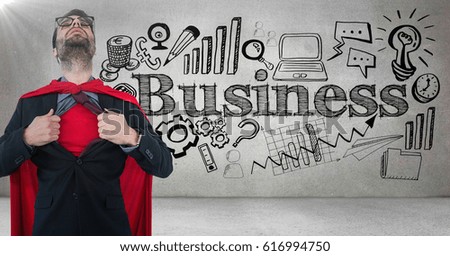 Digital composite of Business man superhero opening shirt against grey wall with business doodles and flare