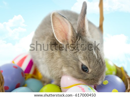 Digital composite of Easter rabbit on eggs in front of blue sky