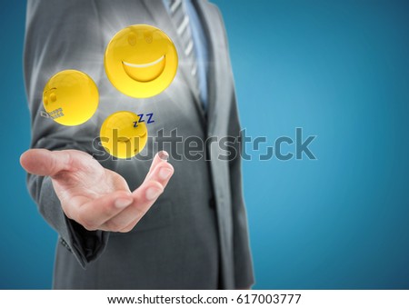 Digital composite of Business man mid section with hand out and emojis with flares against blue background