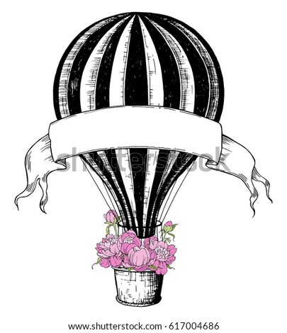 Hot Air Balloon with pink peony, template for wedding invitation. Retro airship on white background. Vector illustration