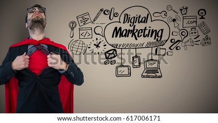 Digital composite of Business man superhero opening shirt against brown background with digital marketing doodles