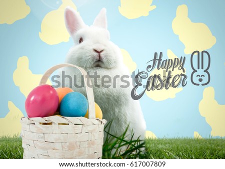 Digital composite of Happy Easter text with Easter rabbit with basket in front of pattern