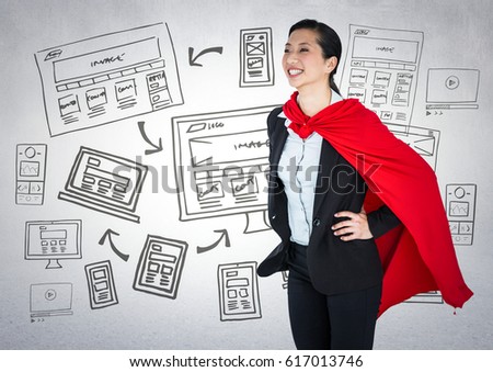 Digital composite of Business woman superhero with hands on hips against white wall with website doodles