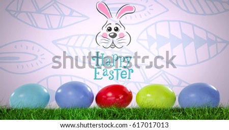 Digital composite of Happy Easter text with Easter eggs in front of pattern