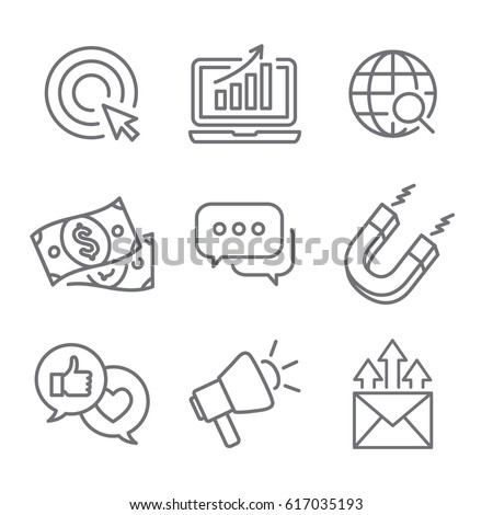Inbound Marketing Vector Icons with growth, roi, call to action, seo, lead conversion, social media, attract, brand engagement, promoters, campaign, smm Royalty-Free Stock Photo #617035193