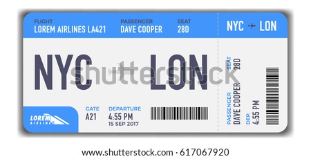 Modern and realistic airline ticket design with flight time and passenger name. vector illustration Royalty-Free Stock Photo #617067920