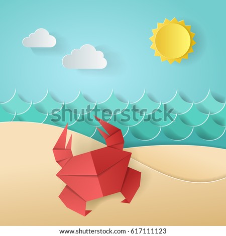 Crab on the beach sea ocean, sky, sand. Concept of summer time. Design by paper origami art and craft style