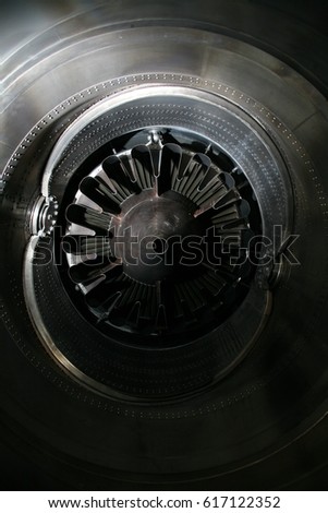 Turbine Engine Profile. Aviation Technologies. Aircraft jet engine detail in the exposition.