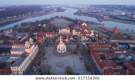 Sunrise aerial image of Kaunas city, Lithuania.