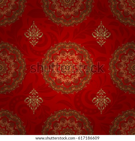 Traditional floral decor. Decorative golden seamless pattern on a red background. Ornamental pattern for invitations, greeting cards, wrapping. Vector ornate elements for design.