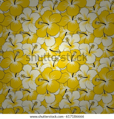 Summer hawaiian seamless pattern with tropical plants and neutral and yellow hibiscus flowers. Seamless Vector illustration.