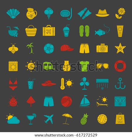 Summer glyph color icon set. Vacation and travel. Summer season pastime. Sailing, fishing, cycling, swimming, beach rest. Silhouette symbols on black backgrounds. Negative space. Vector illustrations