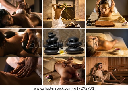Set of nine SPA photos: massage with herbal balls, stone therapy, anti stress massage, deep tissue massage, sauna, hammam, thai massage, etc