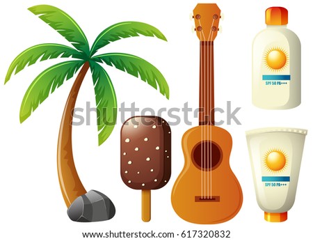 Summer set with coconut tree and guitar illustration
