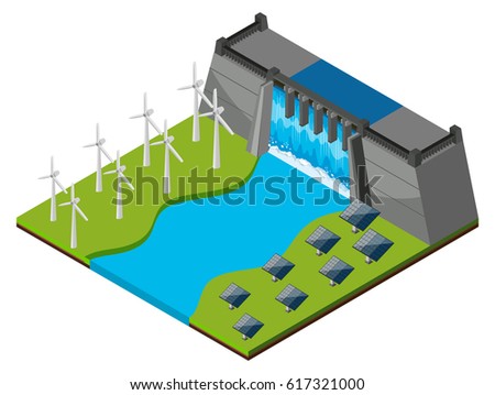 Dam with watergate and wind turbines illustration