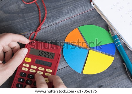 Calculator, color pie chart, notebook and a pen on the grey wooden background.