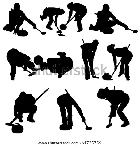 Set of Smooth Winter Sport  Curling People  Silhouettes in Different Poses. Attacking, Throwing, Wiping, Sitting. High Detail Vector Illustration. 