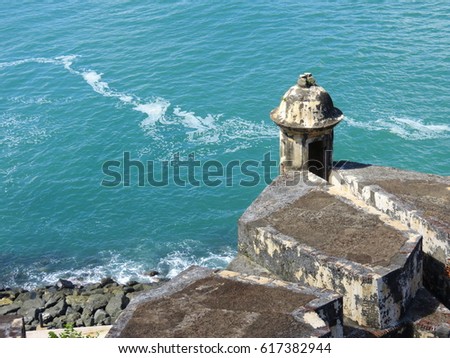 Guard tower at a fort in San Juan Puerto Rico looking out over the ocean