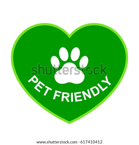 Pets allowed, pet friendly green heart sign, vector illustration.