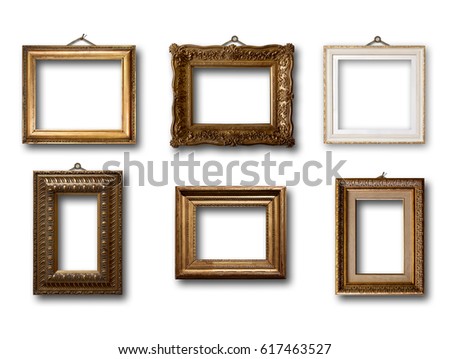 Set of picture gold wooden frame on white isolated background