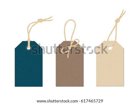 A set of vector carton tags with various linen string tying. Color label cards tied with knots and bow of realistic linen material cord illustration. Royalty-Free Stock Photo #617465729