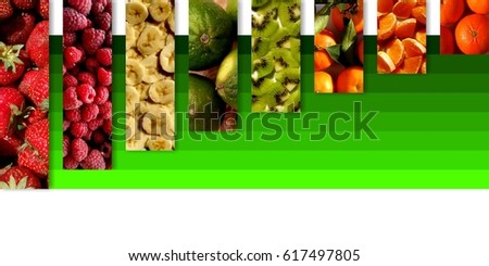 Fresh fruits : strawberries, raspberries, banana slices, limes, kiwi pieces, tangerines, mandarin pieces and mandarins, set as eight rectangles arranged on green lines with progressive tones
