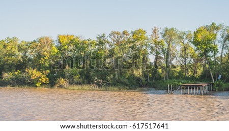Banks of the Rio de la Plata river (River Plate) on a sunny day. Photo stylized for film look