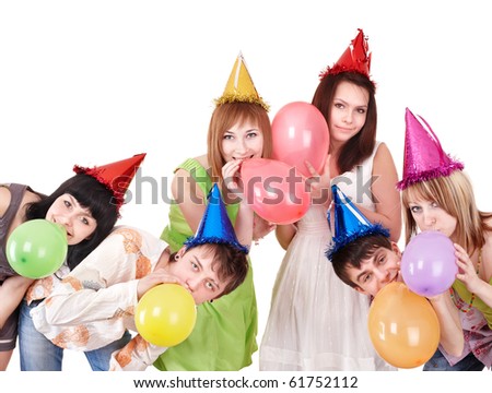 Group of teenagers celebrate birthday. Isolated.