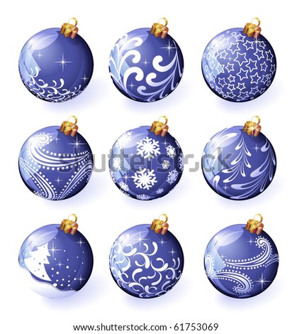 Christmas decoration. Vector blue ornamented balloons.