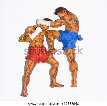 THAI  BOXKING . Muay Thai boxing belt  rope, Hug-Cor  A-Ru-van.  sign. Thailand fighter man during the ritual on knees. Asia Martial Arts concept. Isolated on a white background.