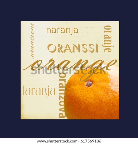 A photograph of an orange framed in dark blue surrounded by the word orange in several different languages.