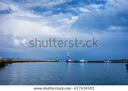 Port of Wladyslawowo bay, two piers with exit to Baltic Sea in Pomerania region, Poland