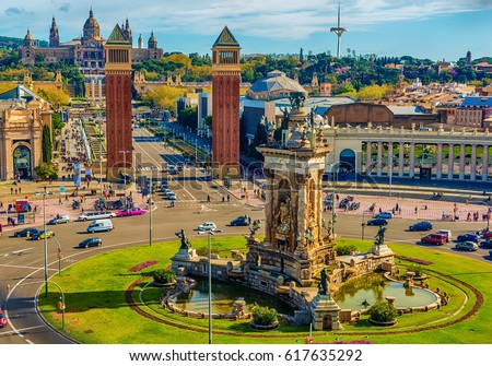 Aerial top view of Barcelona, Catalonia, Spain in the spring. Placa d'Espanya, Plaza de Espana, the Spanish Square. The Palau National, National Palace, National Art Museum of Catalonia
