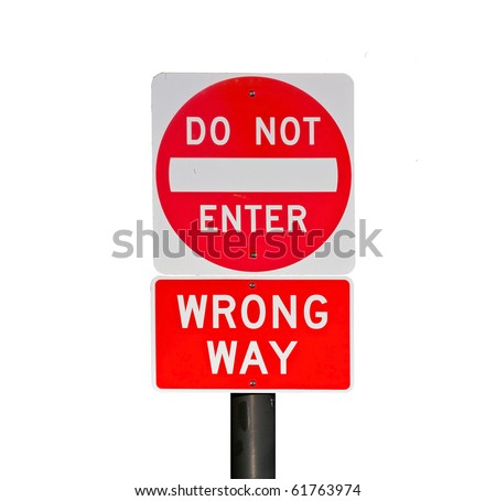 Bright red "wrong way" sign isolated on white background