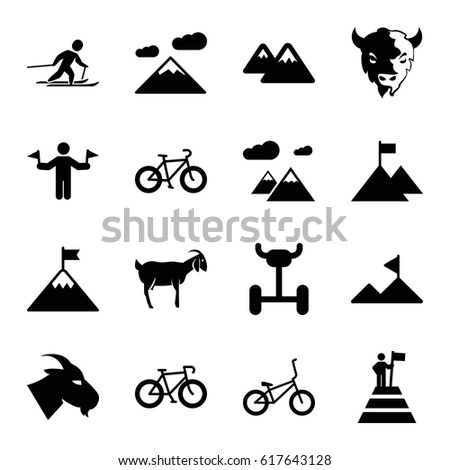 Mountain icons set. set of 16 mountain filled icons such as goat, man with flags, skiing, bicycle