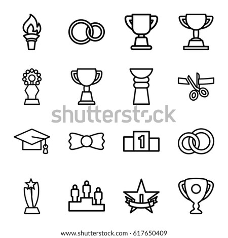 Ceremony icons set. set of 16 ceremony outline icons such as graduation cap, bow tie, trophy, rings, ranking, 1st place star, torch, scissors and ribbon