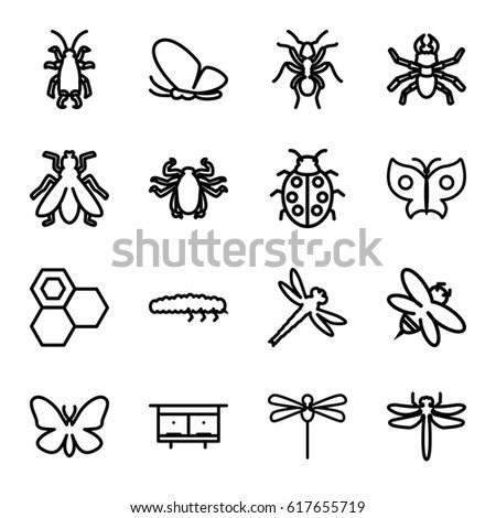 Insect icons set. set of 16 insect outline icons such as dragonfly, butterfly, ant, beetle, fly, beehouse, honey, bee, ladybug