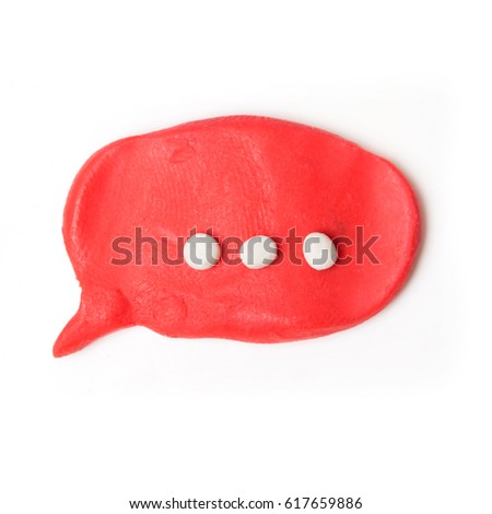 Plasticine red speech bubble. Modeling clay handmade talk cloud isolated on white background.