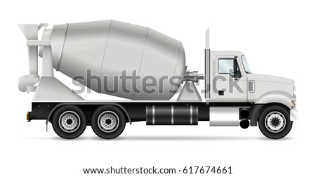 Mixer truck vector illustration, view from side. Template for corporate identity, branding and advertising. All layers and groups well organized for easy editing and recolor. Royalty-Free Stock Photo #617674661
