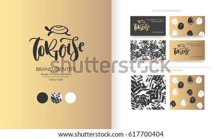 Luxury brand identity. Calligraphy 'tortoise' inscription with hand drawn turtle sign  - sophisticated logo design. Couple business card designs and seamless patterns included.